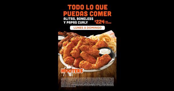 Lunes de promo en Hooters: todo lo que puedas comer por 224 pesos